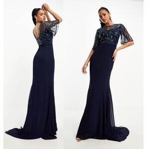 Virgos Lounge Embellished Flutter Sleeve Maxi Navy Dress Sz 14 Flowy Gown Fairy